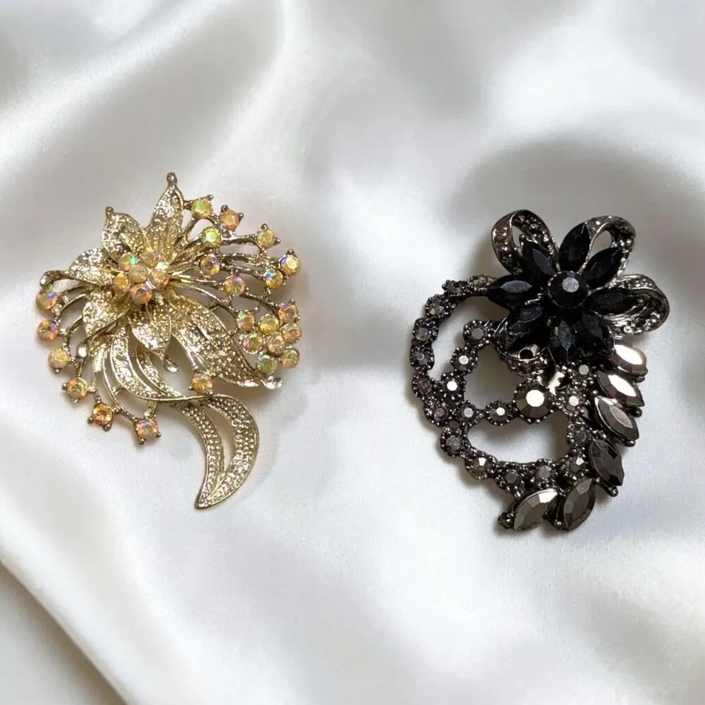 Lot of 2 Rhinestone Floral Brooches, Gold Tone & Black, Statement Flower Pins